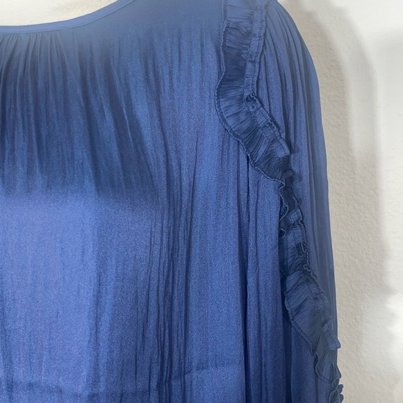 Loft mixed media ruffle sleeve top navy blue round neck puff shoulders medium - Picture 4 of 7